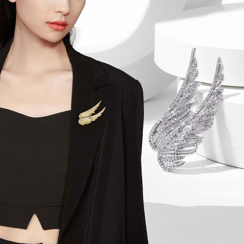 Gold Crystal Wing Brooch for Women - Full Rhinestone Double Feather Pin view 3