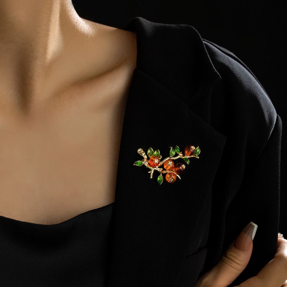 Vintage Persimmon Branch Brooch - Gold Tone Enamel Leaf and Red Bead Fruit Pin view 2