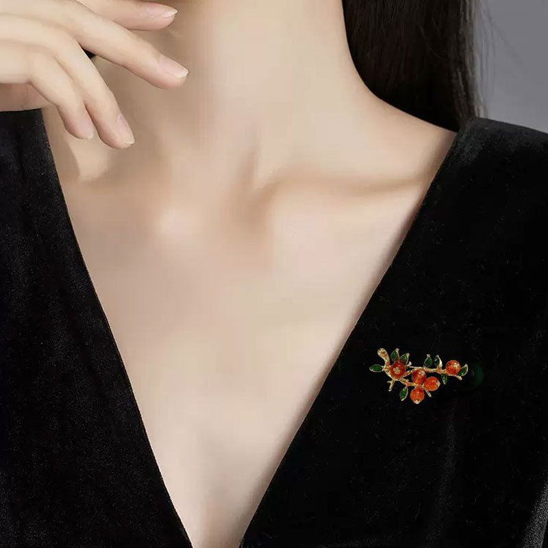 Vintage Persimmon Branch Brooch - Gold Tone Enamel Leaf and Red Bead Fruit Pin view 3