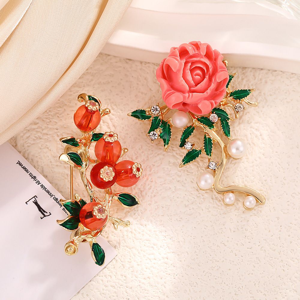 Vintage Persimmon Branch Brooch - Gold Tone Enamel Leaf and Red Bead Fruit Pin view 4