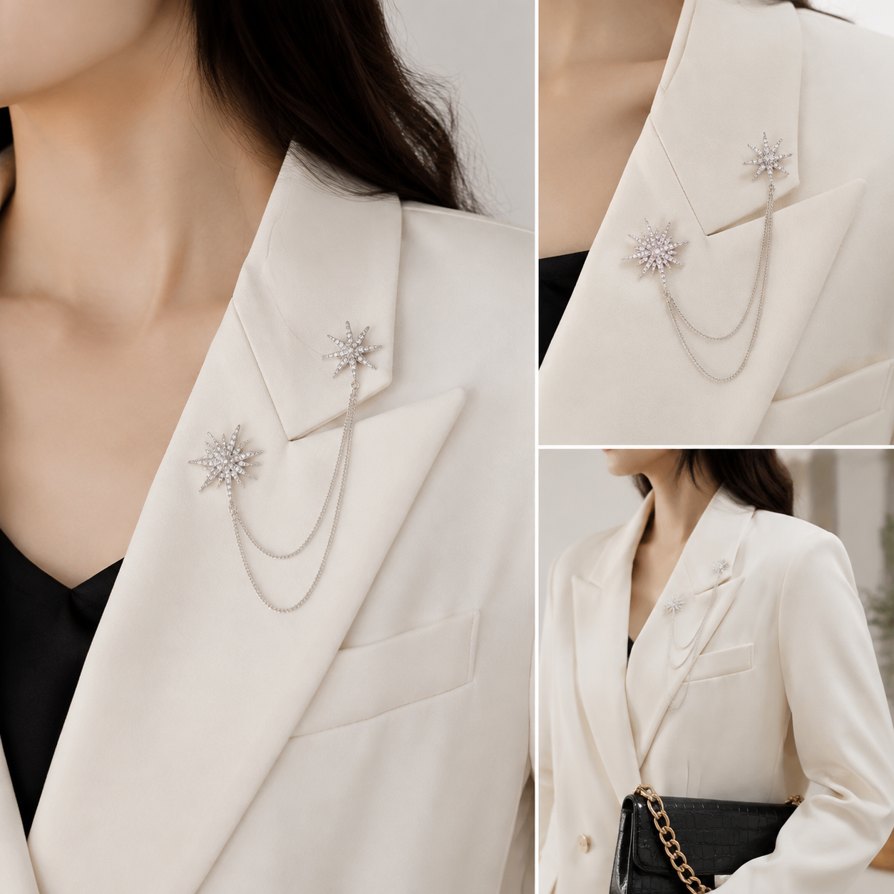 2 Pack Asymmetric Star Chain Brooch Set - Rhinestone Double Star Pins with view 2