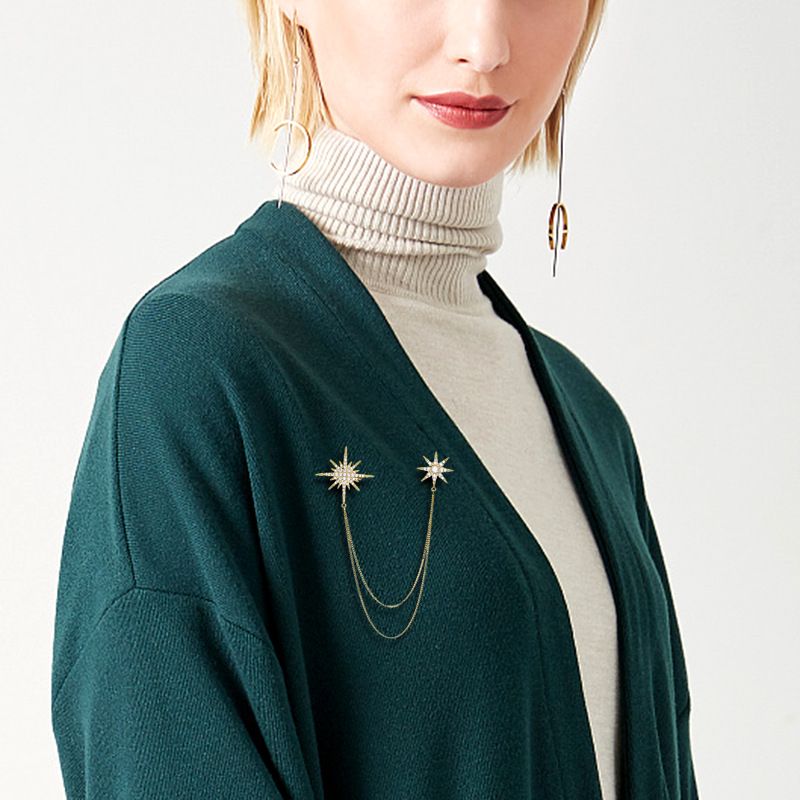 2 Pack Asymmetric Star Chain Brooch Set - Rhinestone Double Star Pins with view 3