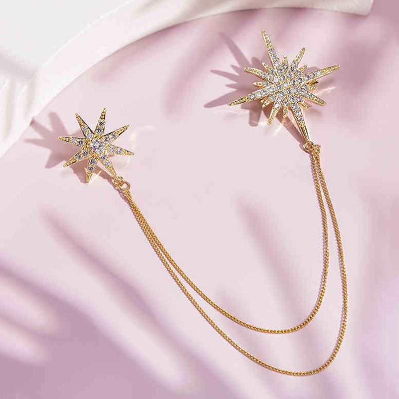 2 Pack Asymmetric Star Chain Brooch Set - Rhinestone Double Star Pins with view 4