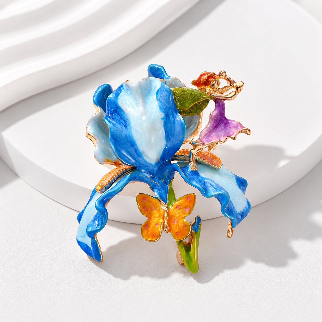 Vintage Large Flower Enamel Brooch with Fairy and Butterfly Blue - Luxury view 2