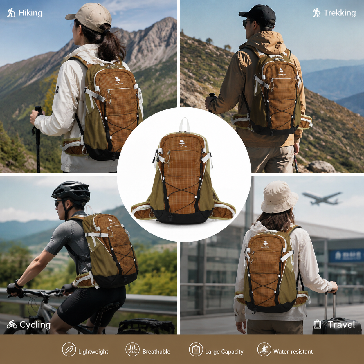 Lightweight Hiking Backpack 20L Brown - Ultralight Oxford Cloth Daypack with view 2