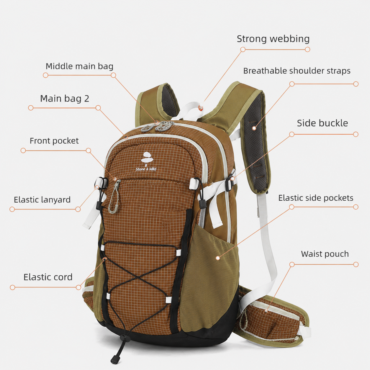 Lightweight Hiking Backpack 20L Brown - Ultralight Oxford Cloth Daypack with view 3