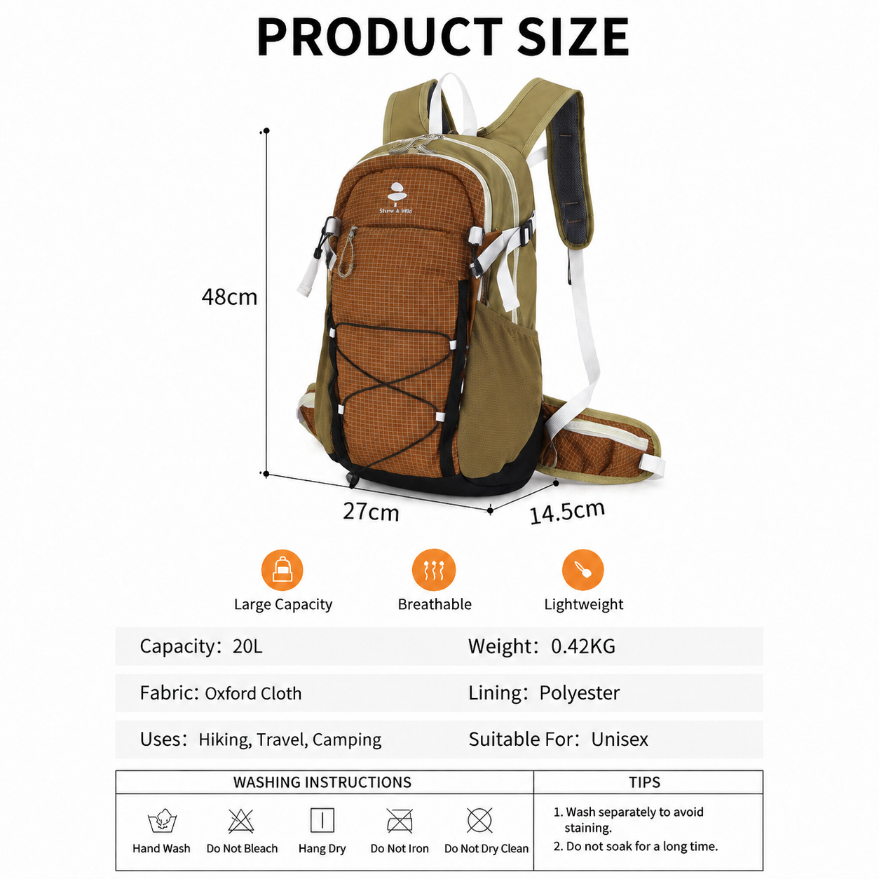 Lightweight Hiking Backpack 20L Brown - Ultralight Oxford Cloth Daypack with view 4