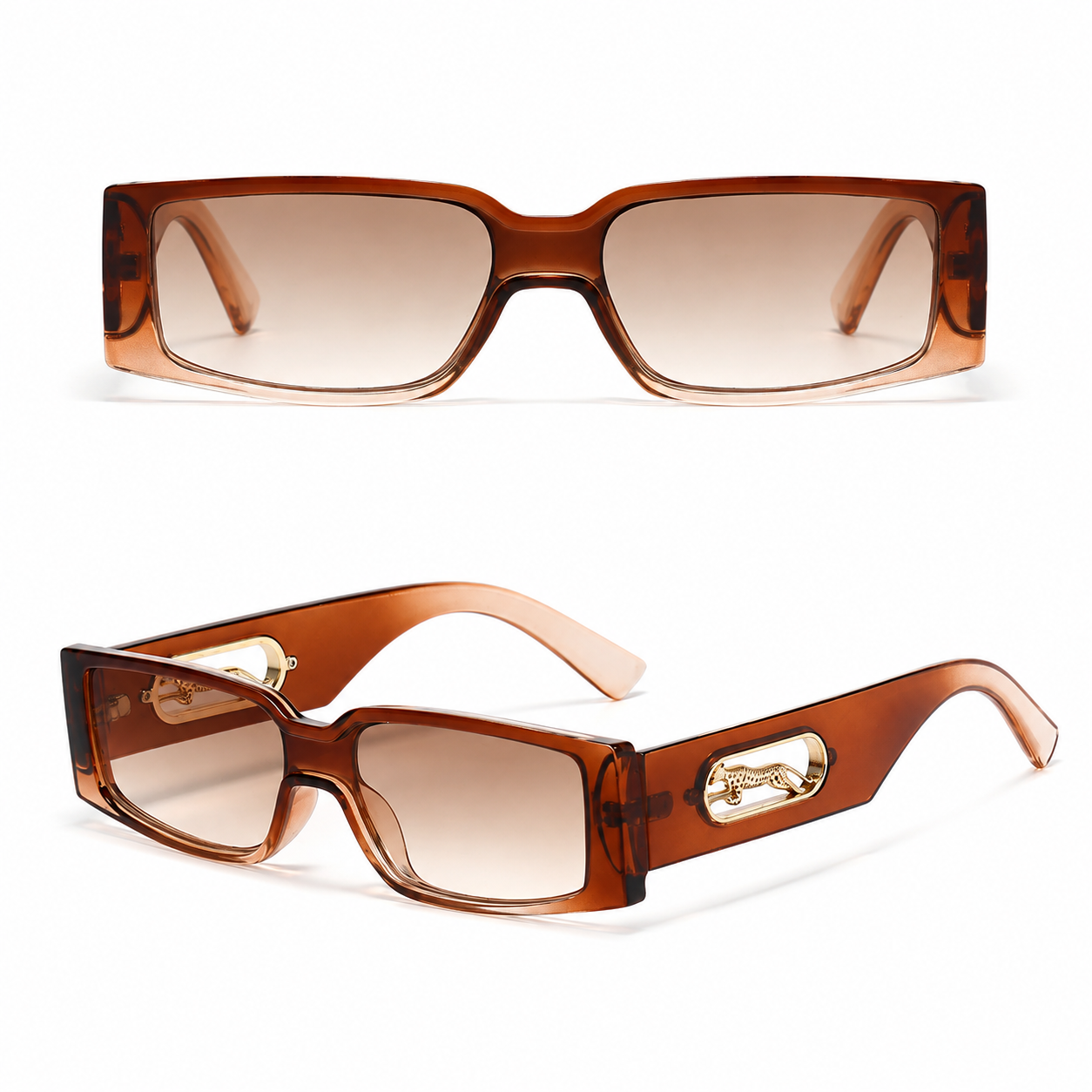 Rectangle Sunglasses with Leopard Detail - Gradient brown PC Frame view 2