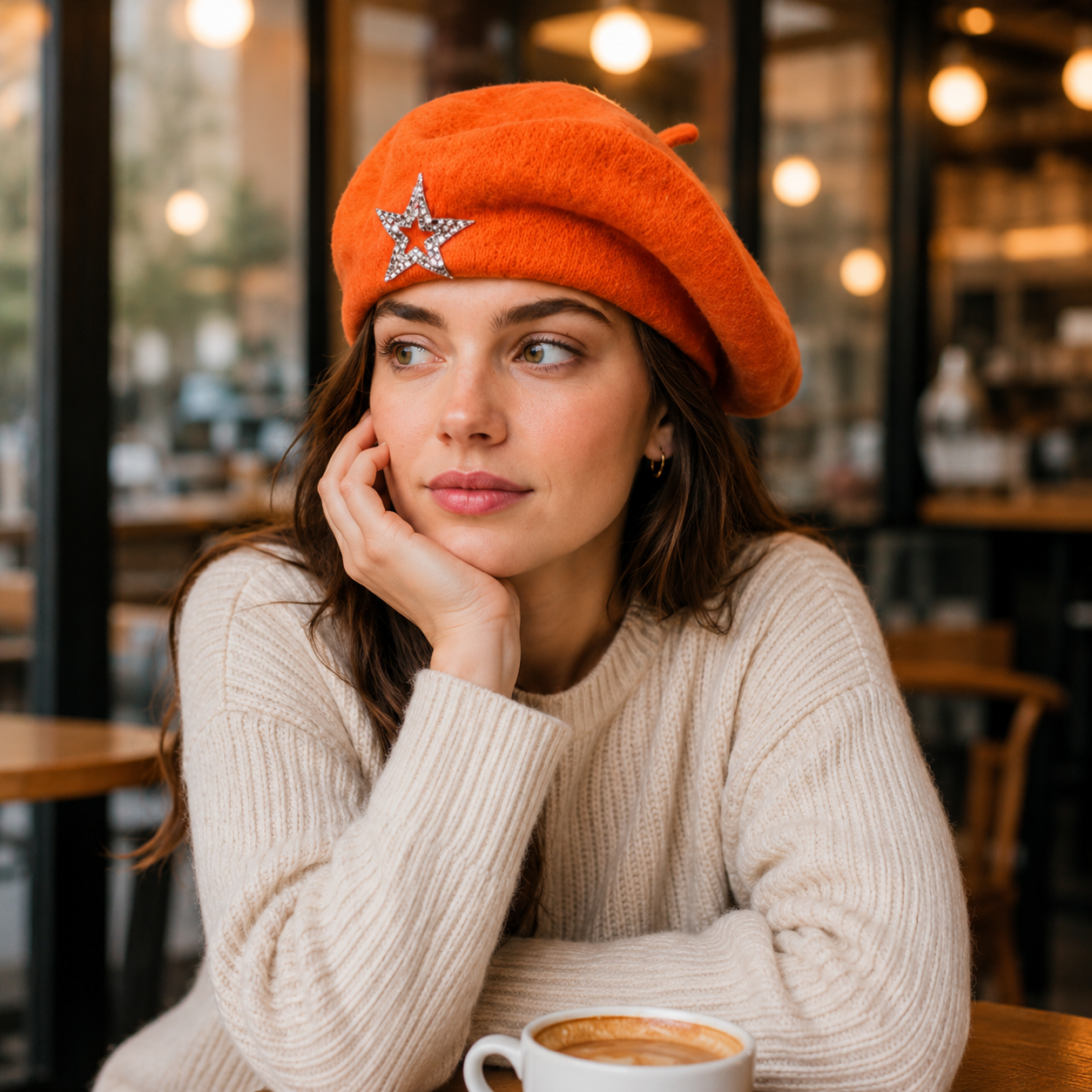 Women's Wool Blend Beret Hat - Orange French Style Painter Cap with Sparkling view 3