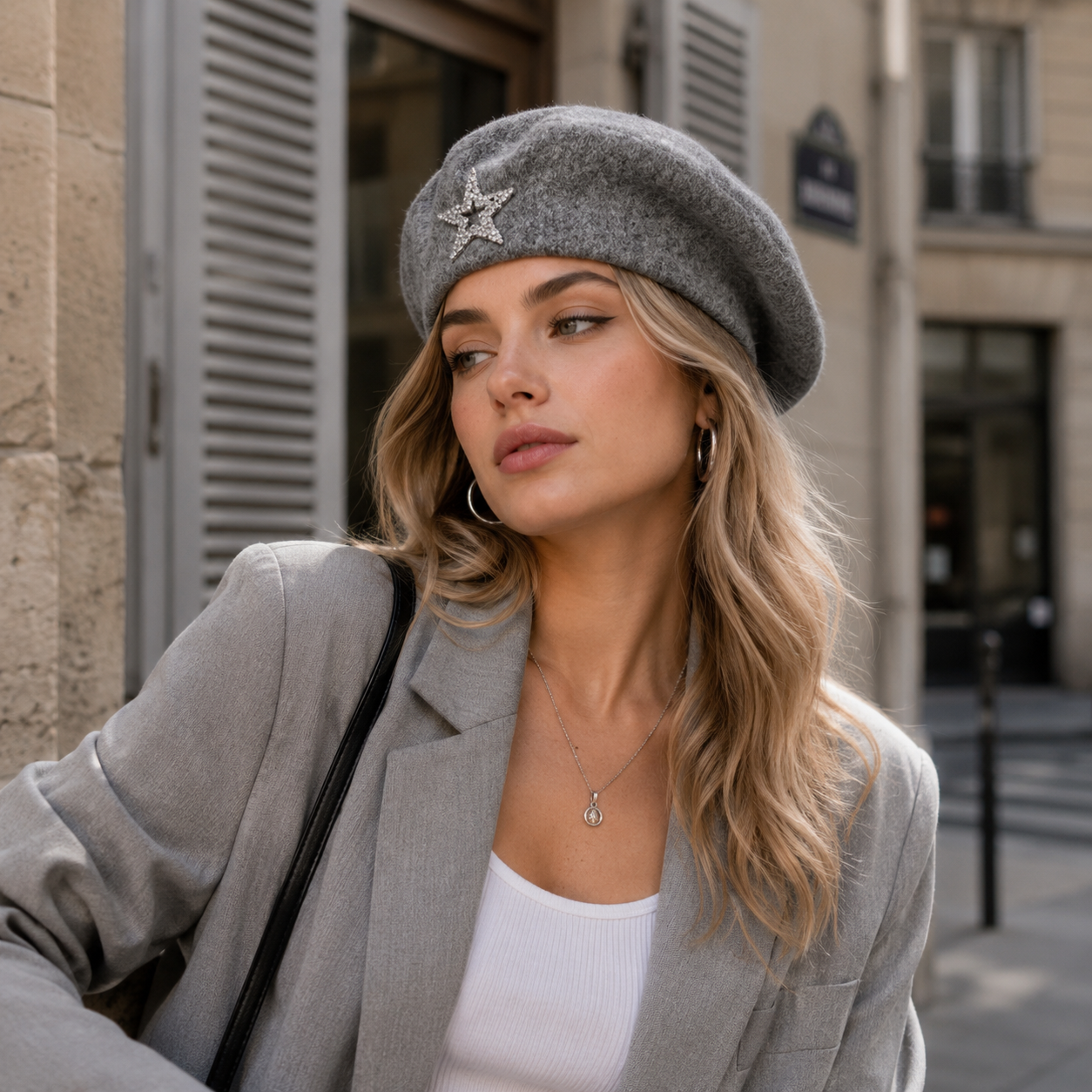 Women's Wool Blend Beret Hat - Gray French Style Painter Cap with Sparkling view 3