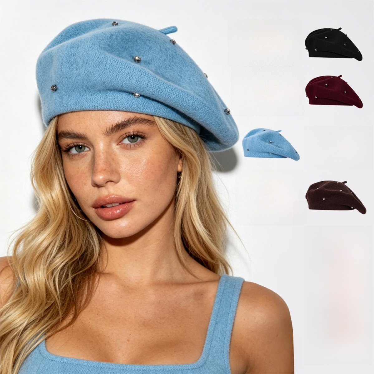 Women's Wool Blend Beret Hat - Black French Style Painter Cap with Scattered view 4