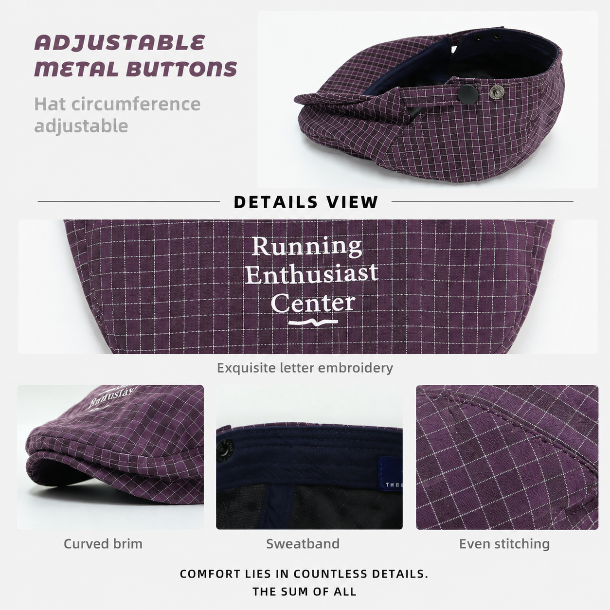 Women's Plaid Flat Cap - Purple Check Newsboy Painter Hat view 6