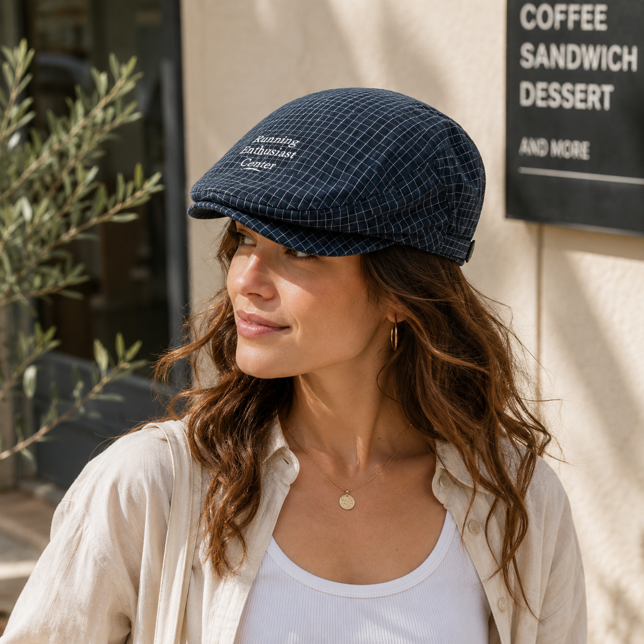 Women's Plaid Flat Cap - Navy Blue Check Newsboy Painter Hat view 2