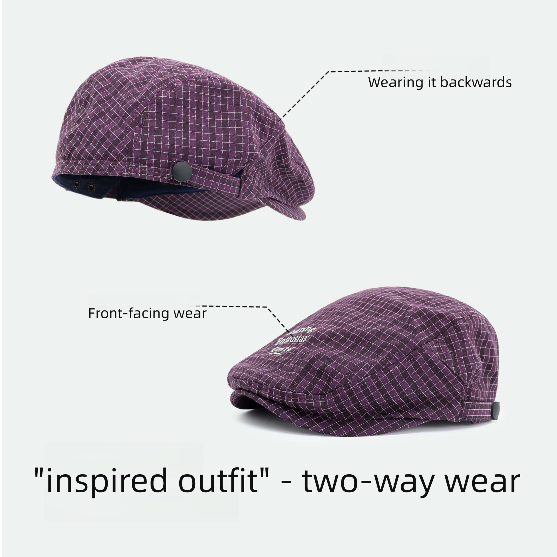 Women's Plaid Flat Cap - Navy Blue Check Newsboy Painter Hat view 4