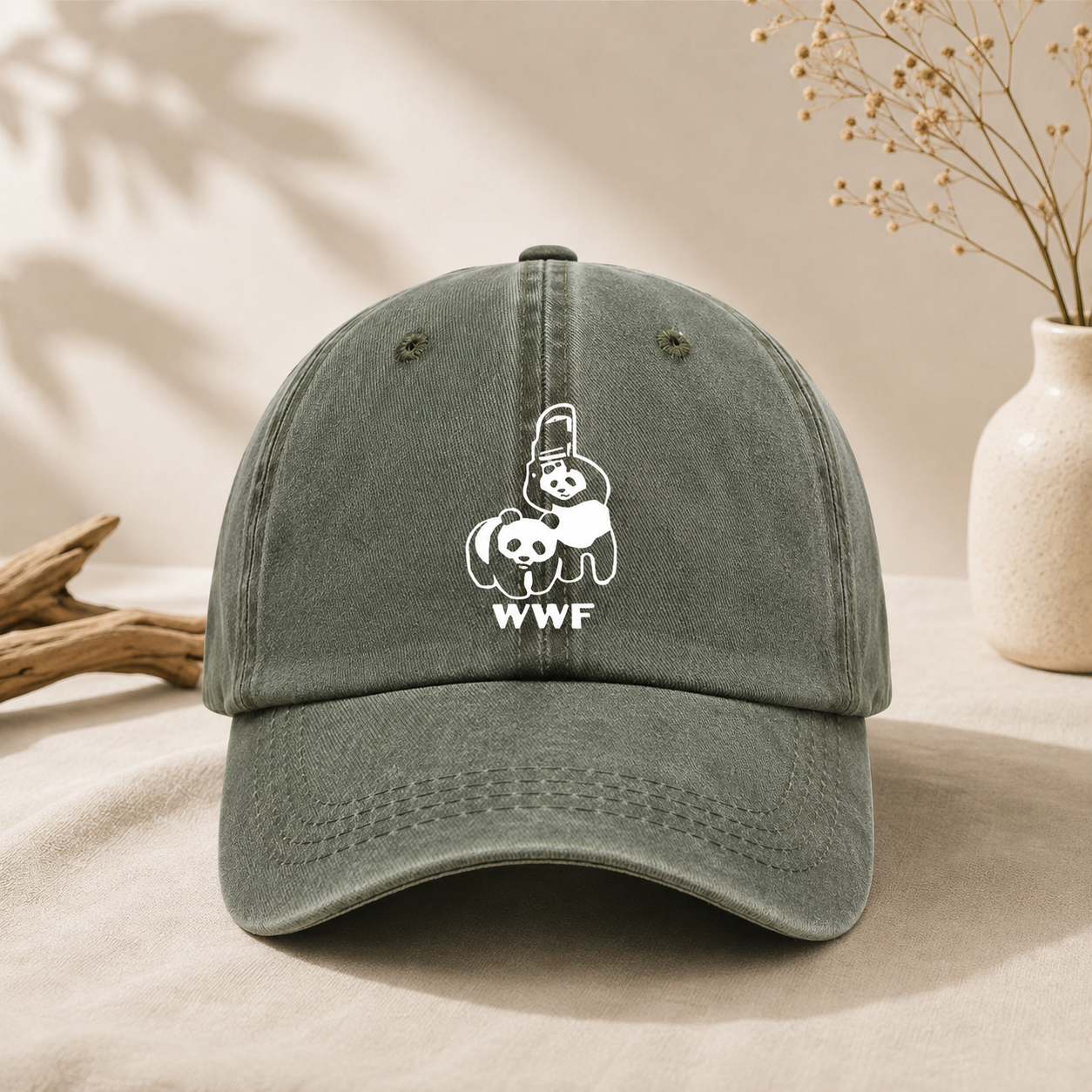 Green Vintage Washed Panda Print Baseball Cap - Adjustable Cotton Cap with view 4