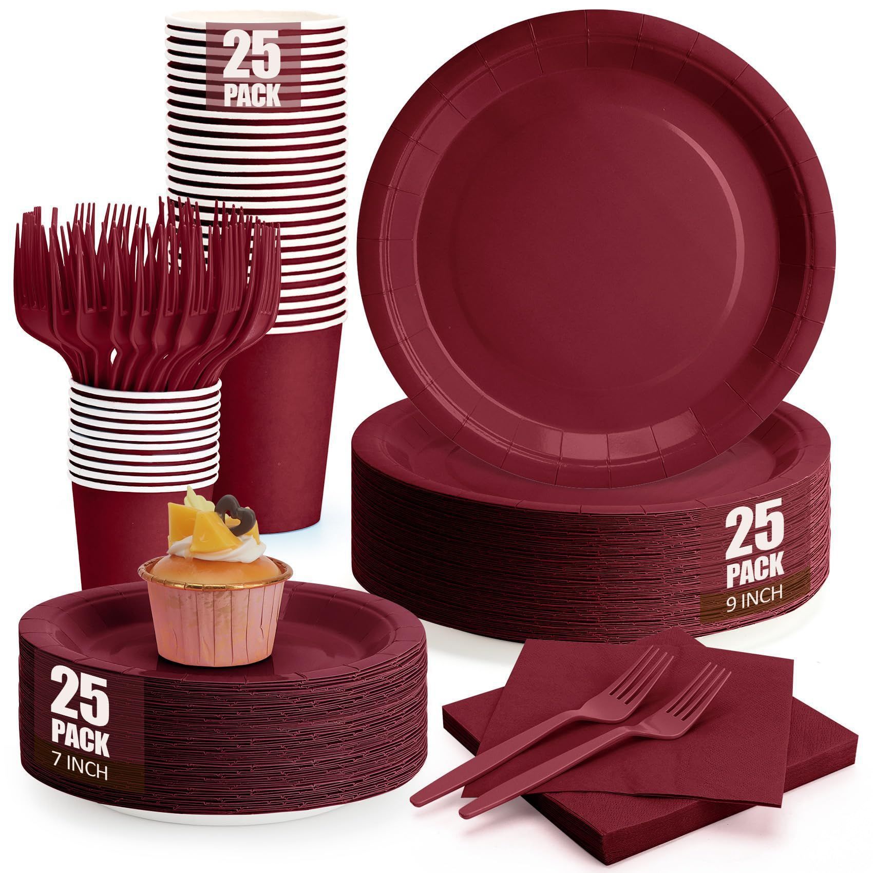 25 Guest Deep Red Disposable Tableware Set - 9 Inch and 7 Inch Paper Plates