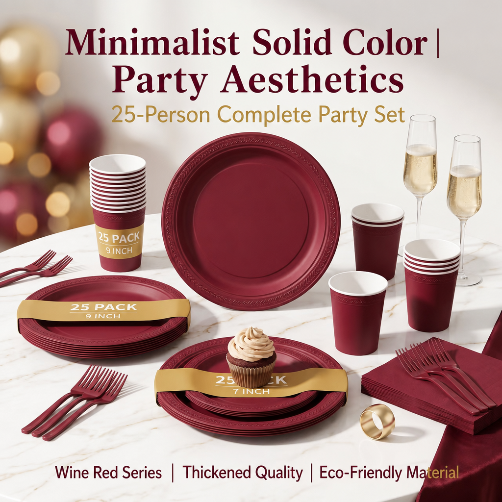 25 Guest Deep Red Disposable Tableware Set - 9 Inch and 7 Inch Paper Plates view 3