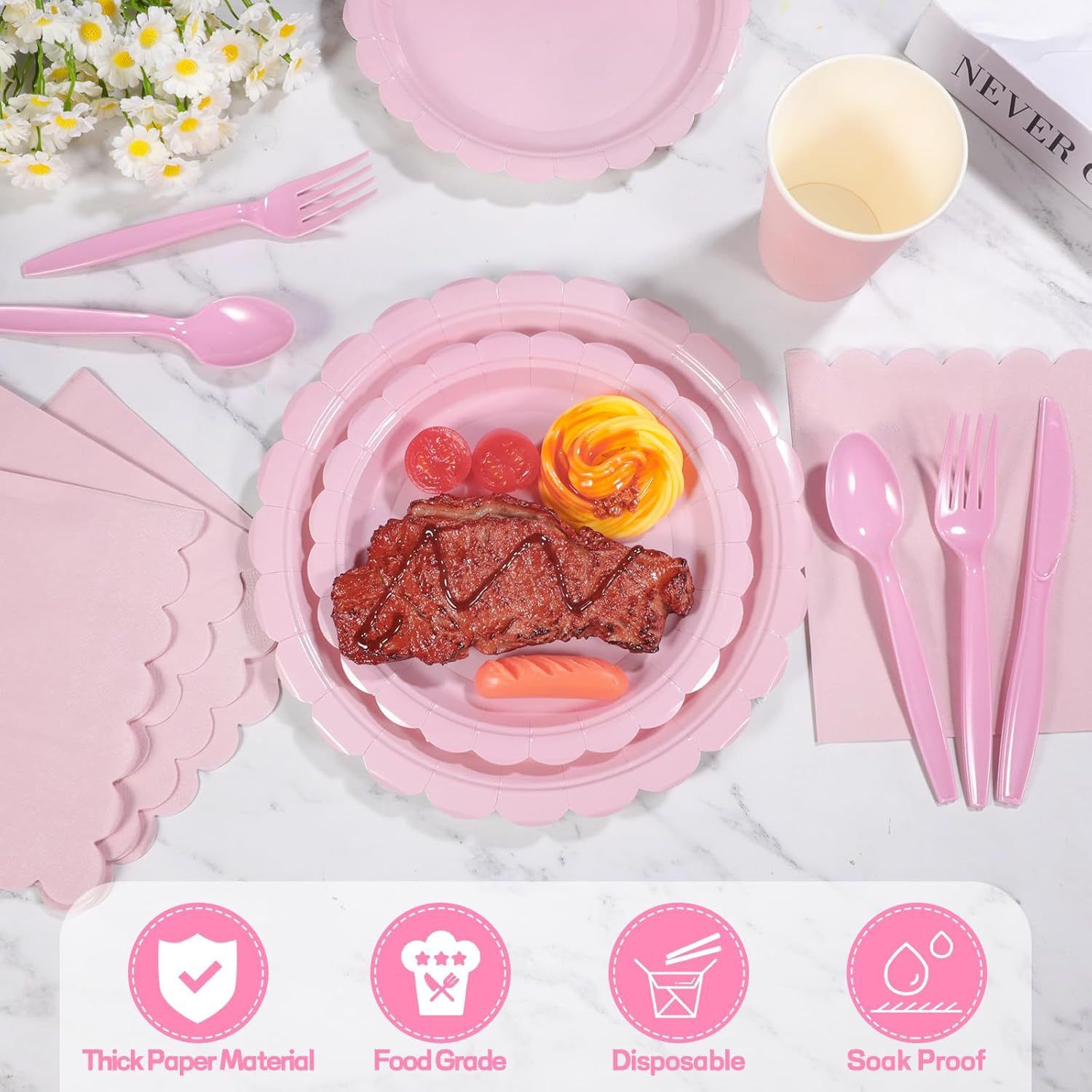 Pink Scalloped Edge Disposable Party Tableware Set - 175 Pieces for 25 Guests view 3