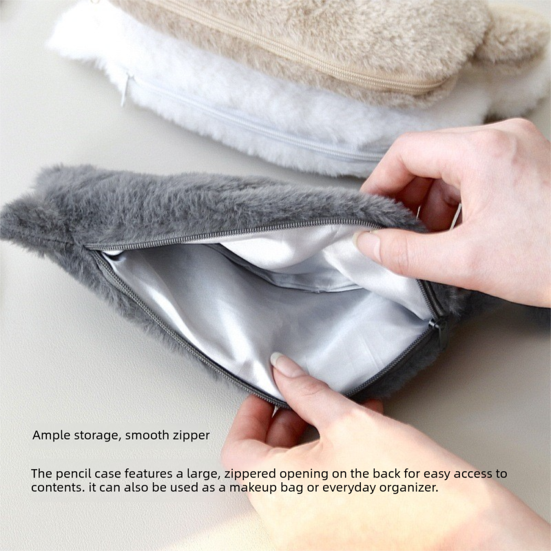 Gray Plush Cat Pencil Case - Soft Furry Cat-Shaped Zipper Pouch with Tail view 4