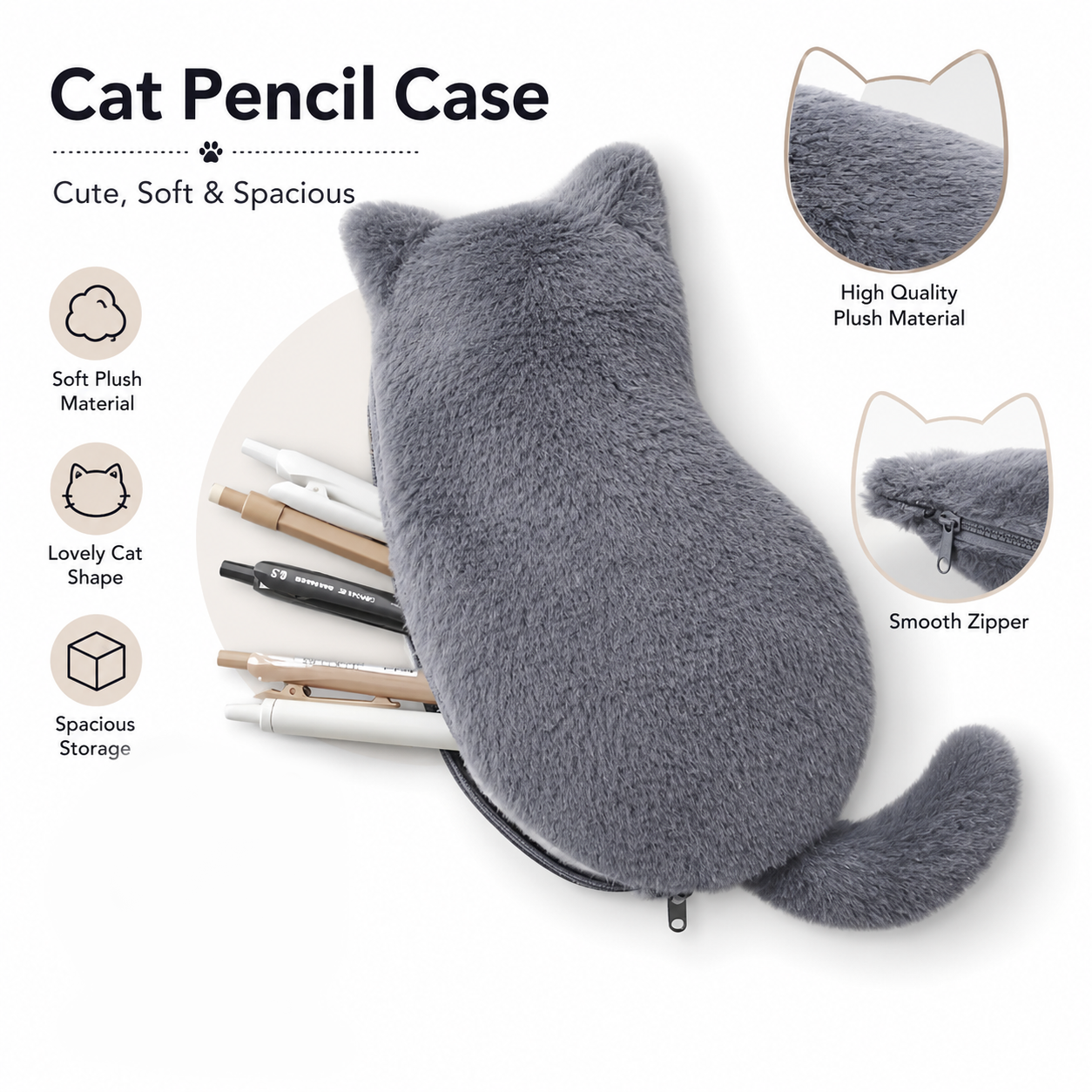White Plush Cat Pencil Case - Soft Furry Cat-Shaped Zipper Pouch with Tail view 3