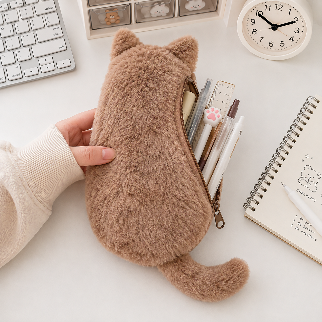 Khaki Plush Cat Pencil Case - Soft Furry Cat-Shaped Zipper Pouch with Tail view 2