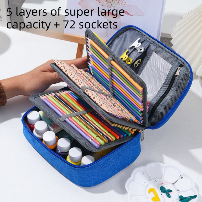 Large Capacity 72-Slot Pencil Case - Grey Multi-Layer Zipper Stationery view 3