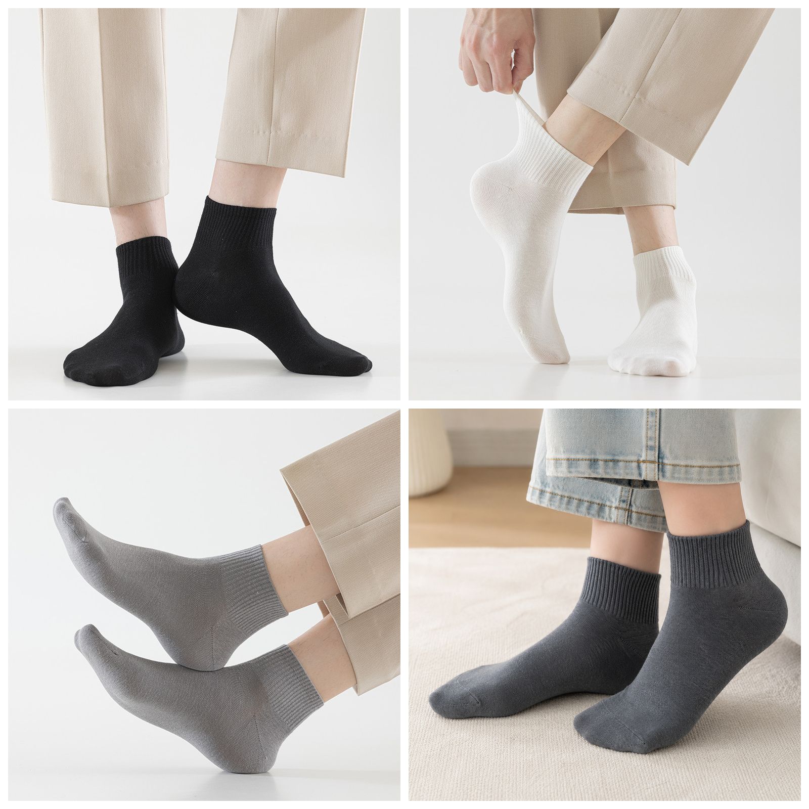 5 Pairs Light Gray Cotton Blend Ankle Socks - Solid Colour Breathable Short view 2