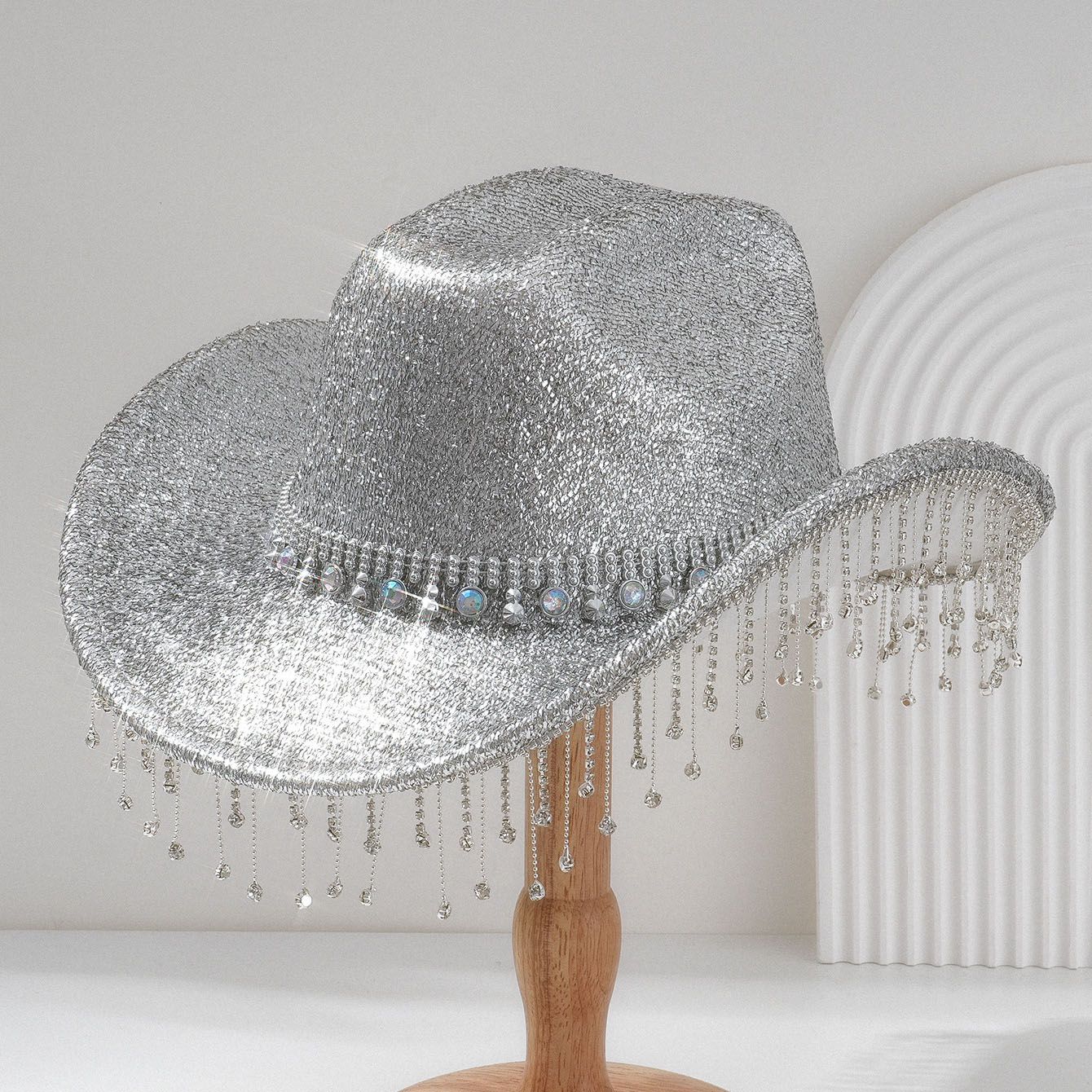 Silver Rhinestone Fringe Cowboy Hat - Sparkling Western Party Hat with Round