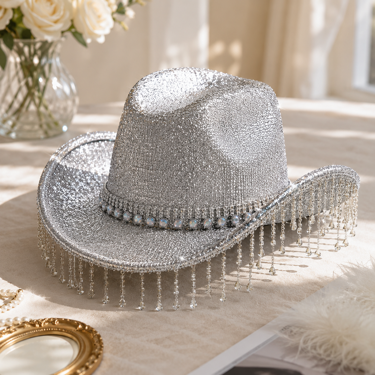 Silver Rhinestone Fringe Cowboy Hat - Sparkling Western Party Hat with Round view 2