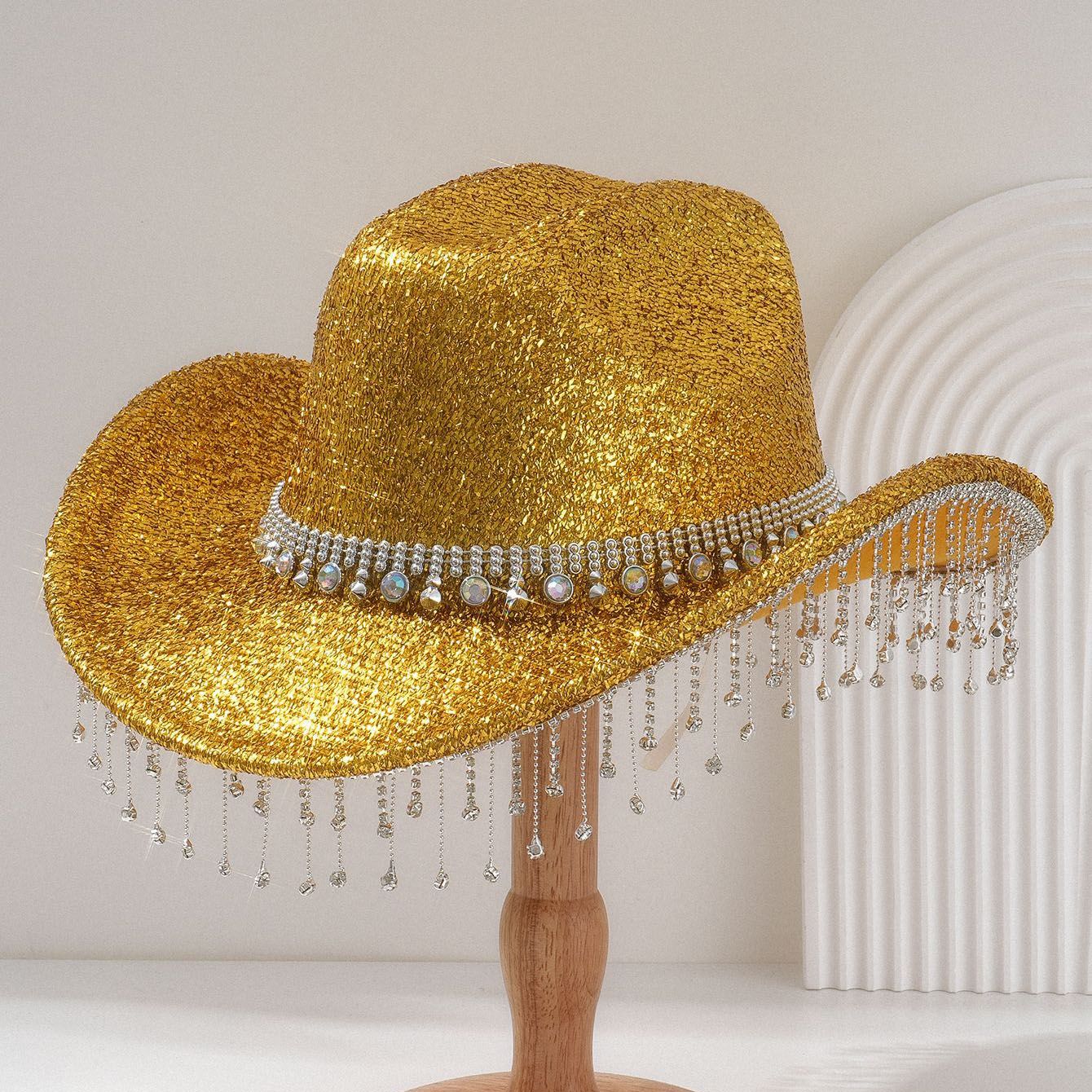 Gold Rhinestone Fringe Cowboy Hat - Sparkling Western Party Hat with Round