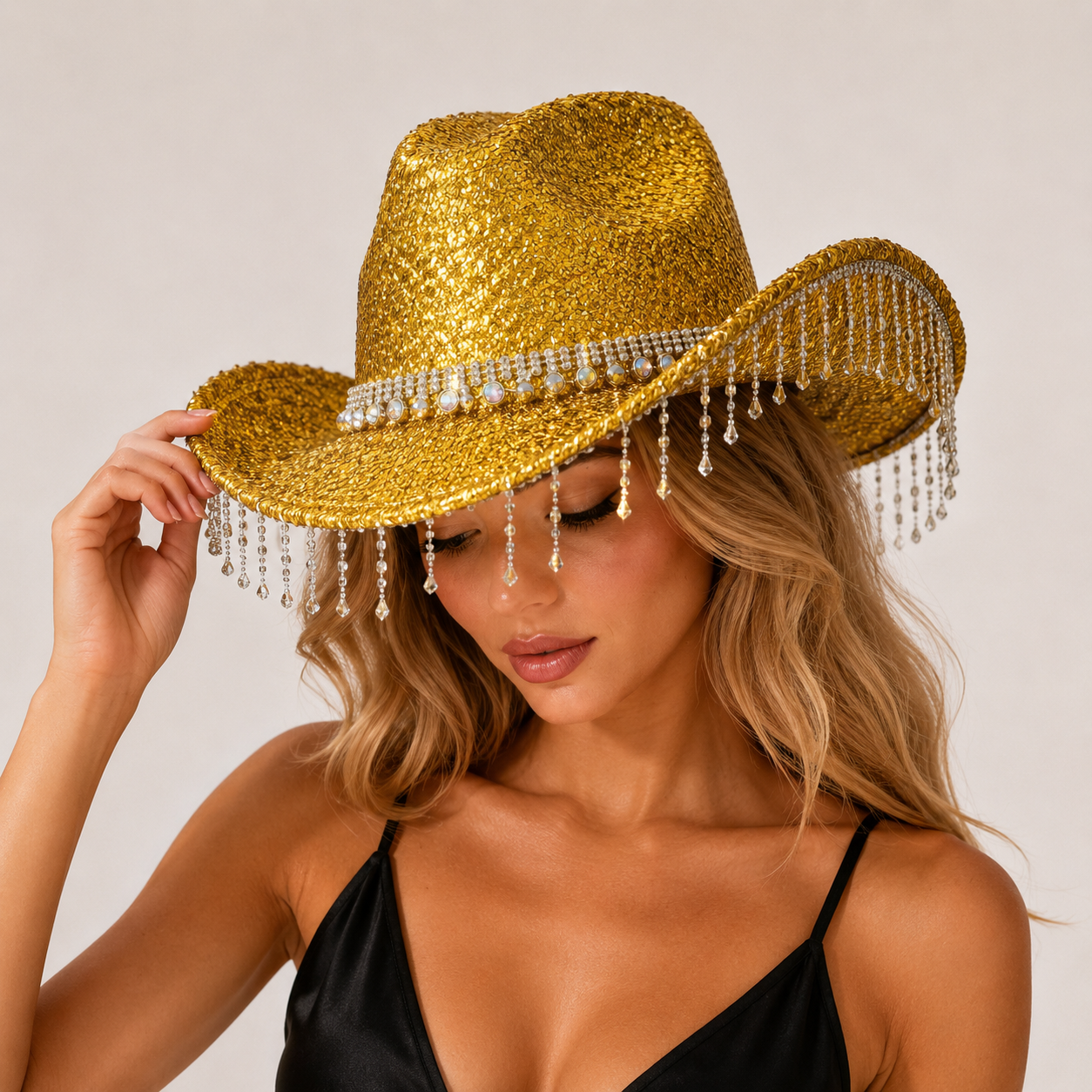 Gold Rhinestone Fringe Cowboy Hat - Sparkling Western Party Hat with Round view 3