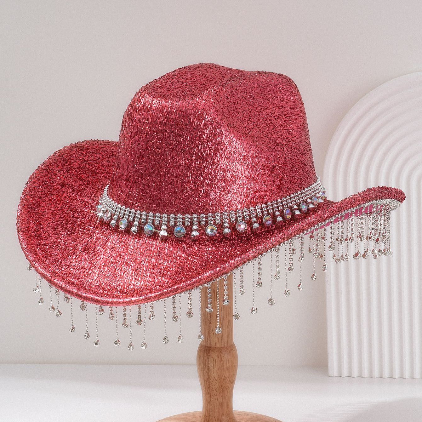 Pink Rhinestone Fringe Cowboy Hat - Sparkling Western Party Hat with Round