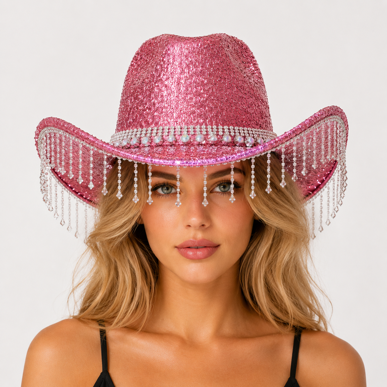 Pink Rhinestone Fringe Cowboy Hat - Sparkling Western Party Hat with Round view 3