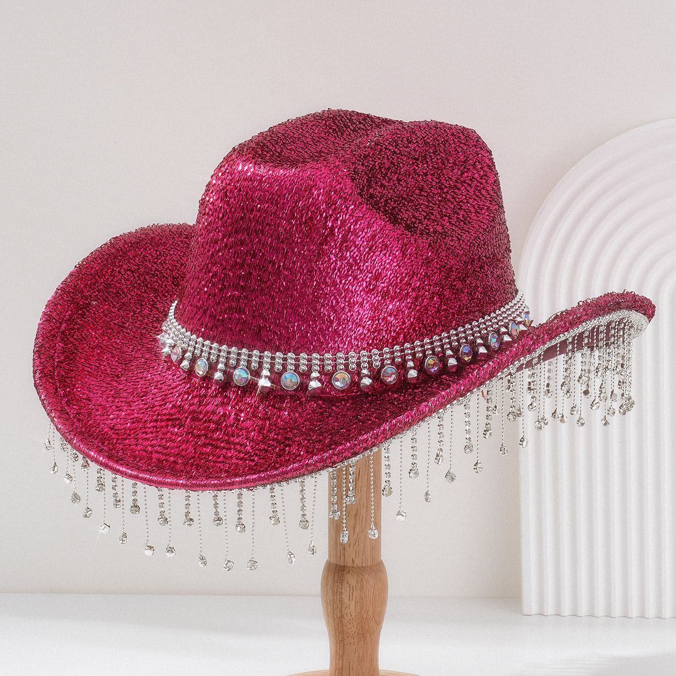 Rose Red Rhinestone Fringe Cowboy Hat - Sparkling Western Party Hat with Round