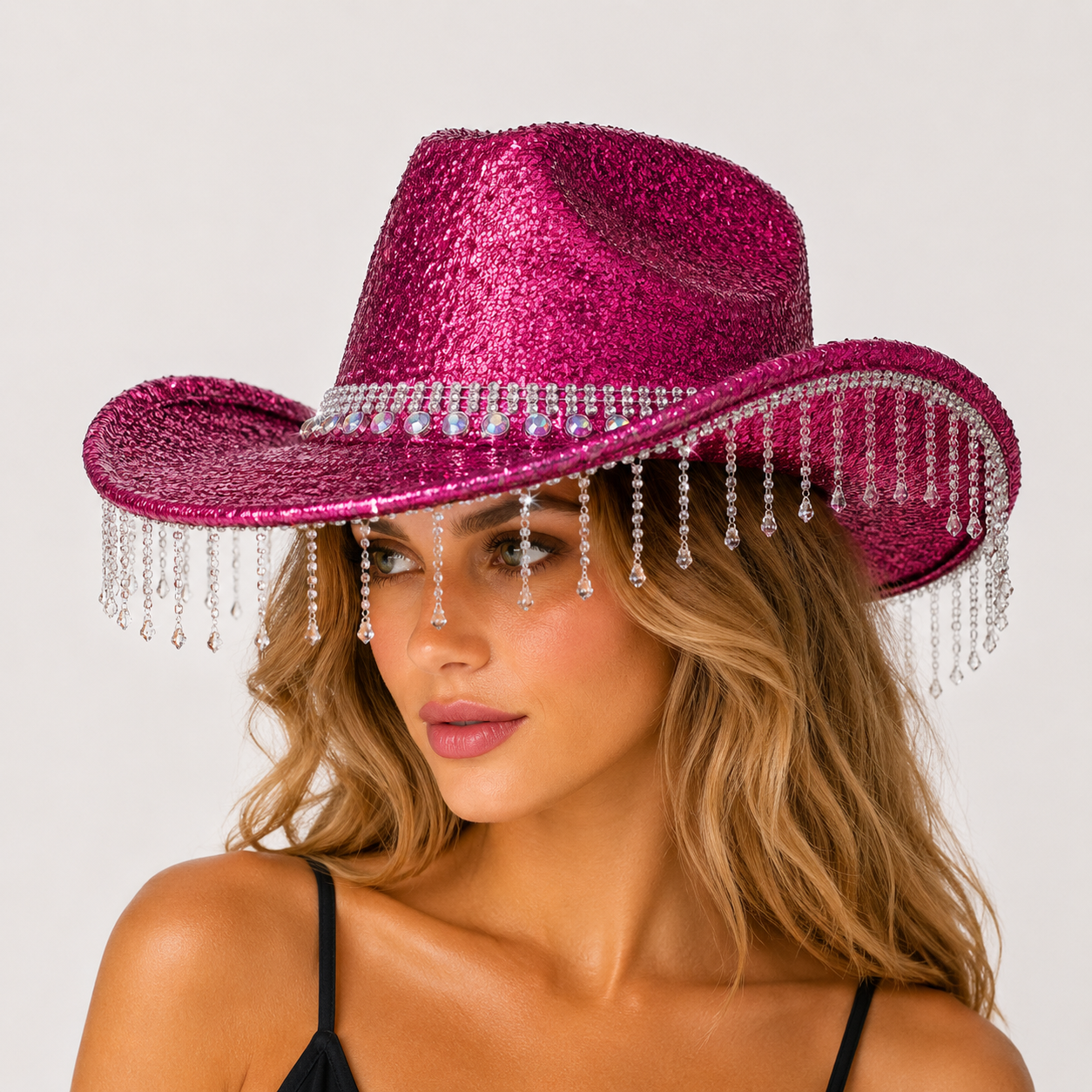 Rose Red Rhinestone Fringe Cowboy Hat - Sparkling Western Party Hat with Round view 2