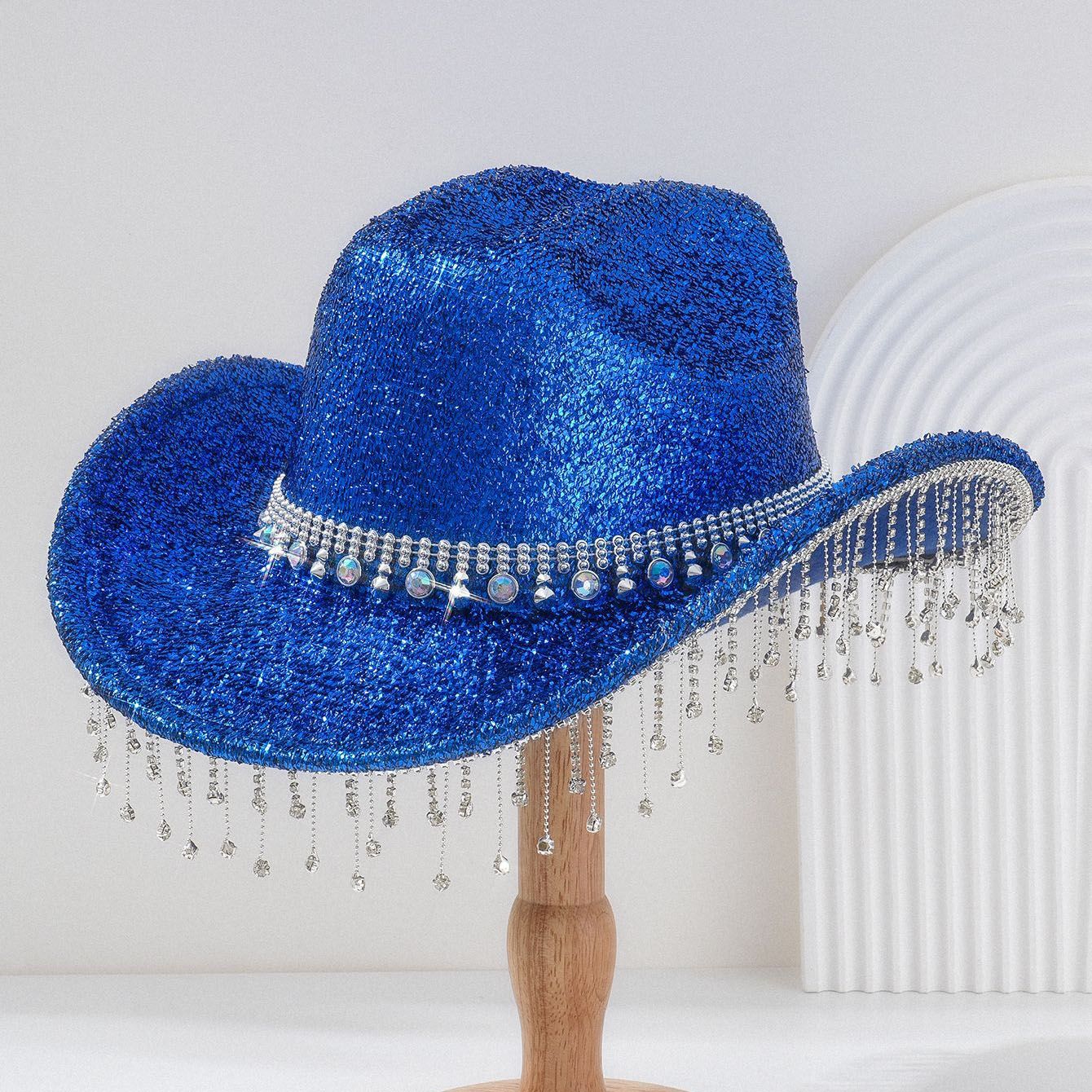 Blue Rhinestone Fringe Cowboy Hat - Sparkling Western Party Hat with Round
