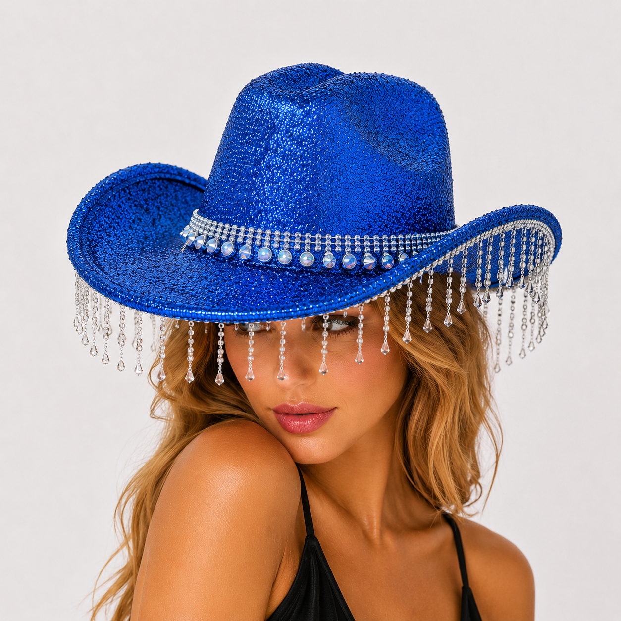 Blue Rhinestone Fringe Cowboy Hat - Sparkling Western Party Hat with Round view 2