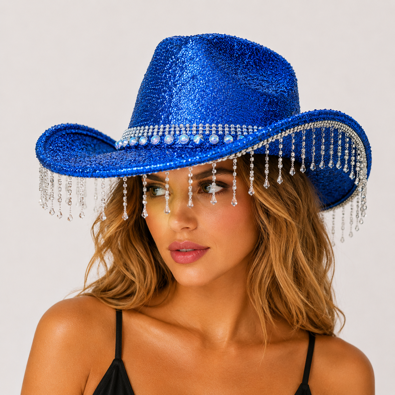 Blue Rhinestone Fringe Cowboy Hat - Sparkling Western Party Hat with Round view 3