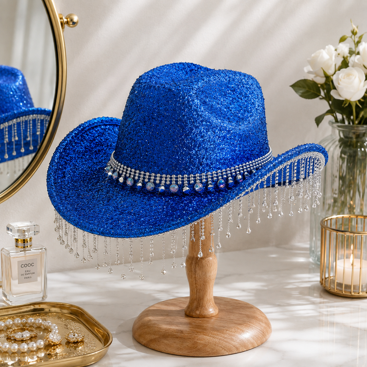 Blue Rhinestone Fringe Cowboy Hat - Sparkling Western Party Hat with Round view 4