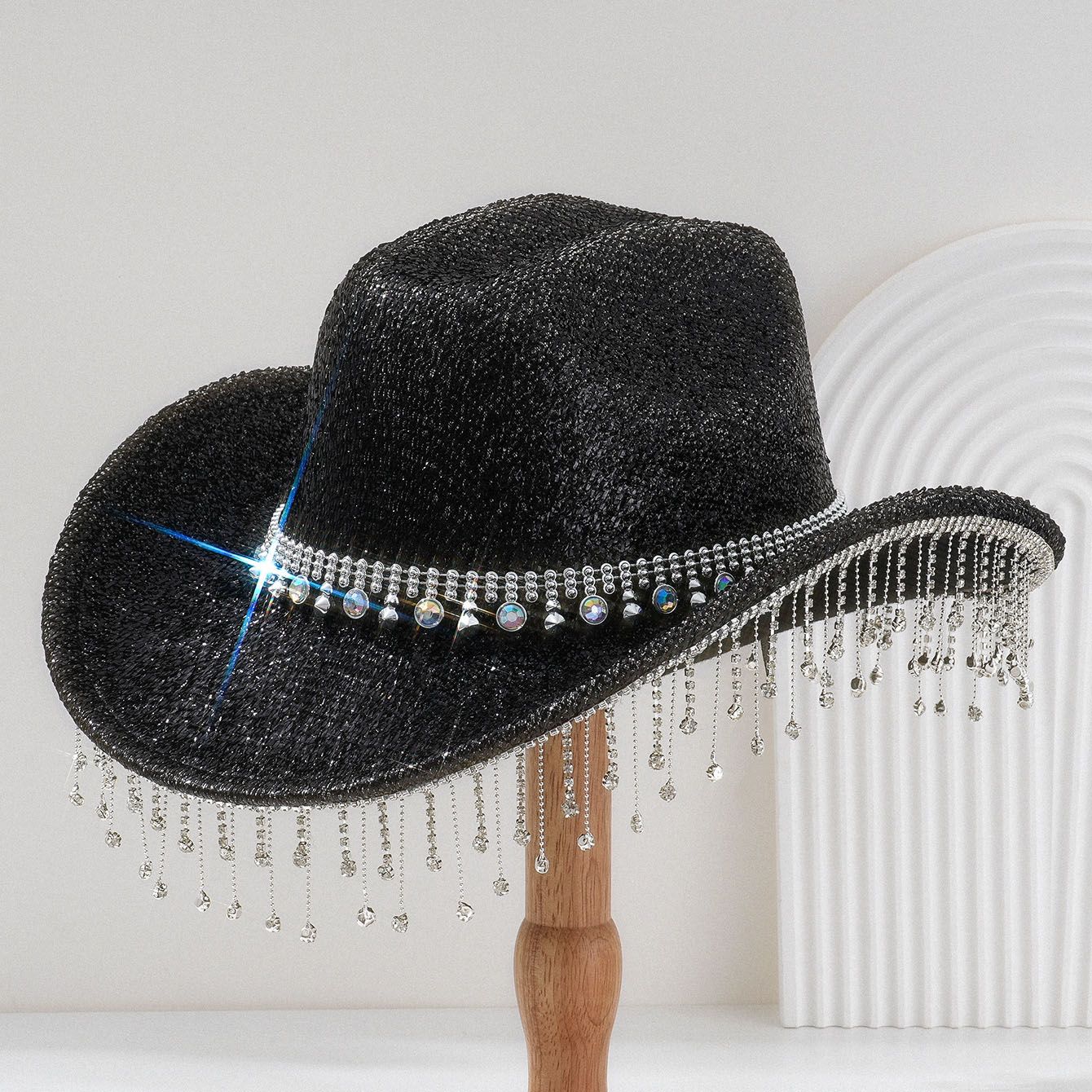 Black Rhinestone Fringe Cowboy Hat - Sparkling Western Party Hat with Round