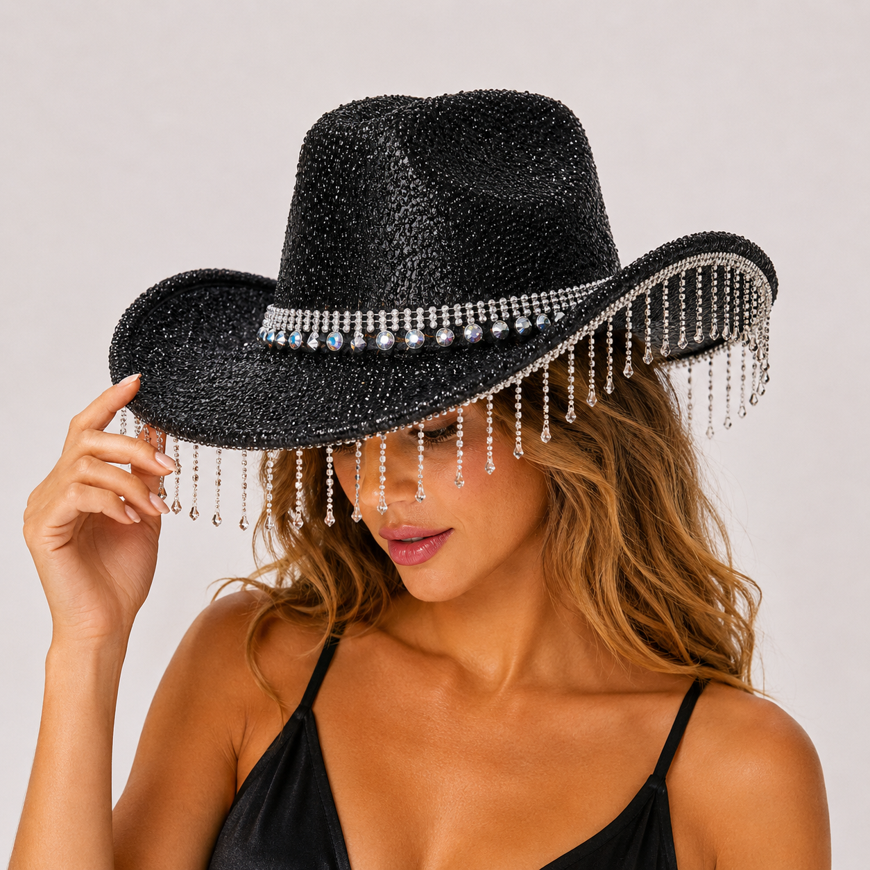 Black Rhinestone Fringe Cowboy Hat - Sparkling Western Party Hat with Round view 2