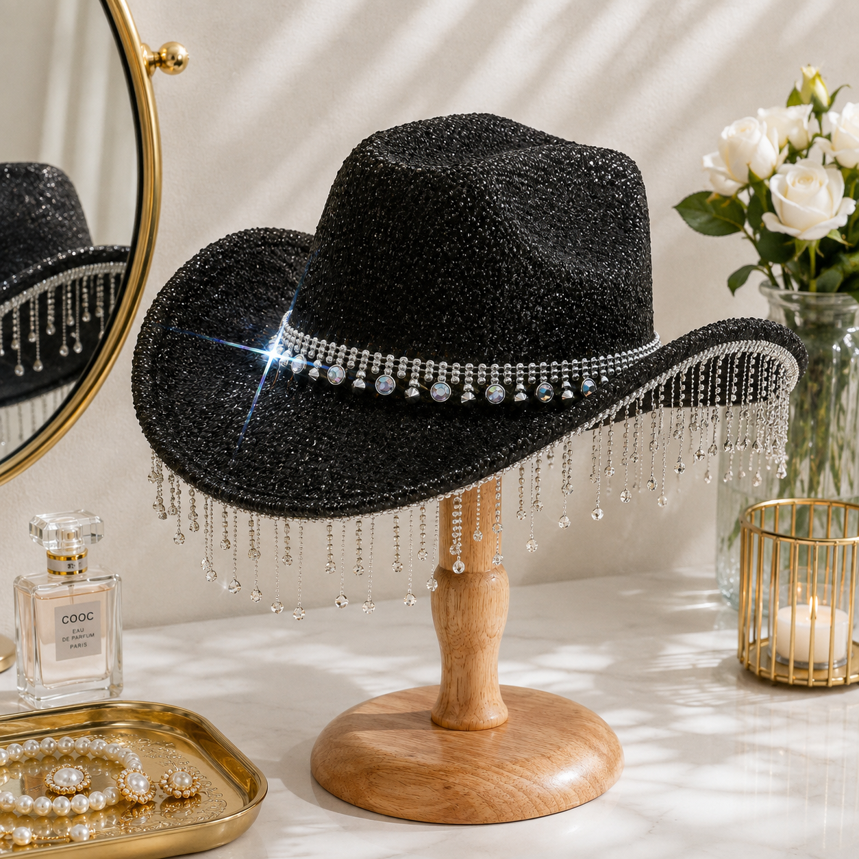 Black Rhinestone Fringe Cowboy Hat - Sparkling Western Party Hat with Round view 3