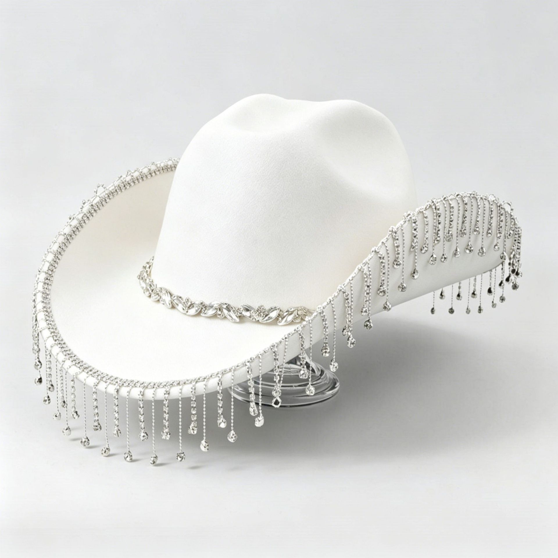 Western Cowboy Hat with Rhinestone Tassel Fringe - White Felt-Style Party Hat