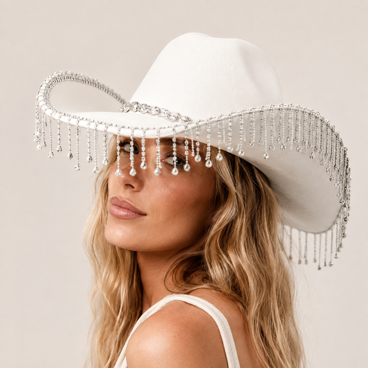 Western Cowboy Hat with Rhinestone Tassel Fringe - White Felt-Style Party Hat view 2