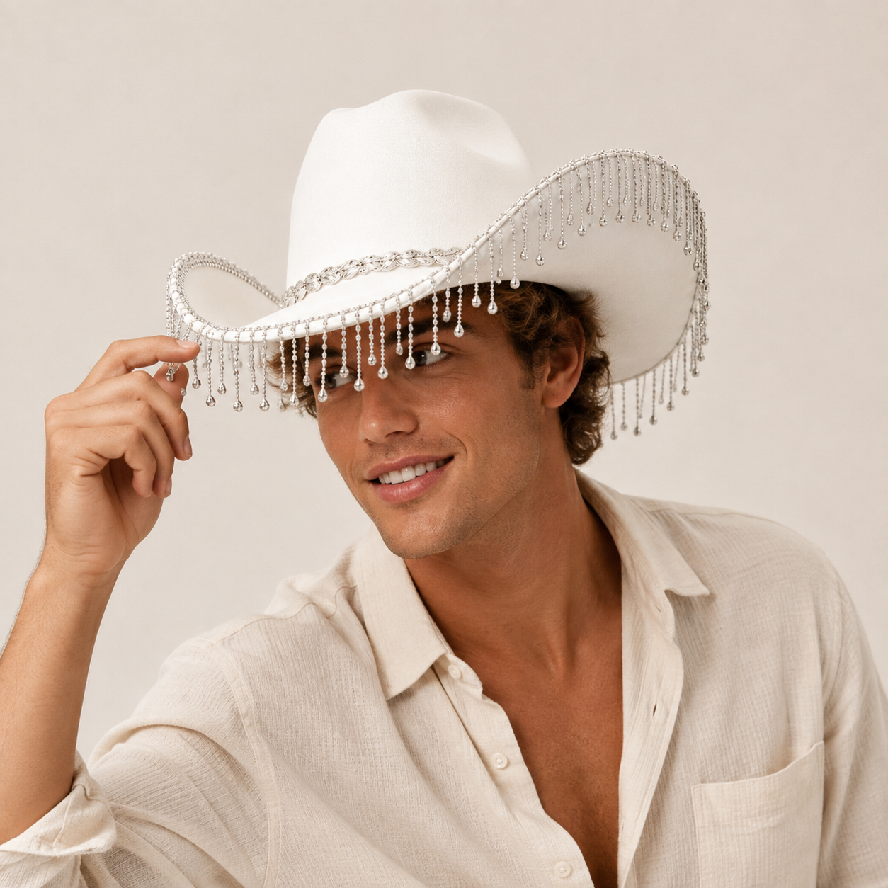 Western Cowboy Hat with Rhinestone Tassel Fringe - White Felt-Style Party Hat view 3