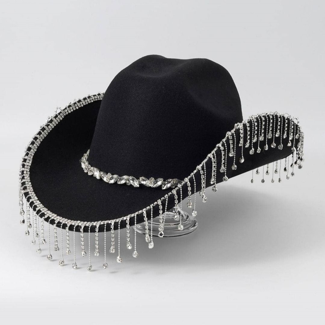 Western Cowboy Hat with Rhinestone Tassel Fringe - Black Felt-Style Party Hat