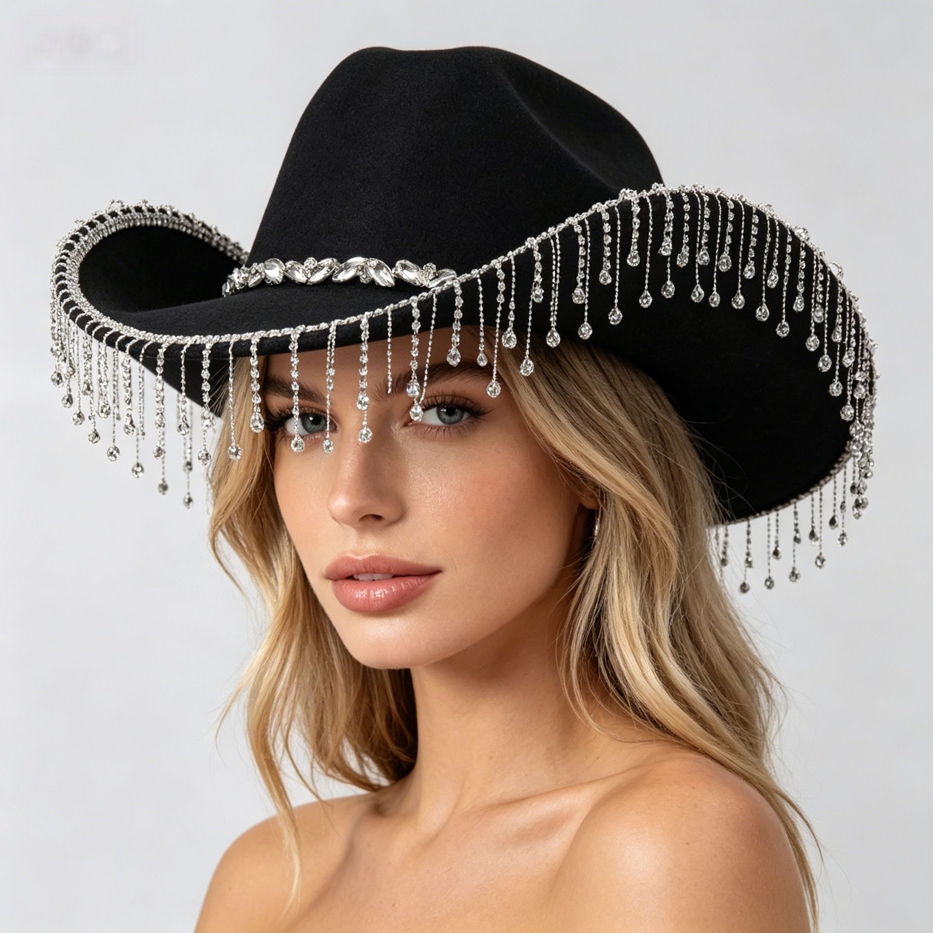 Western Cowboy Hat with Rhinestone Tassel Fringe - Black Felt-Style Party Hat view 3