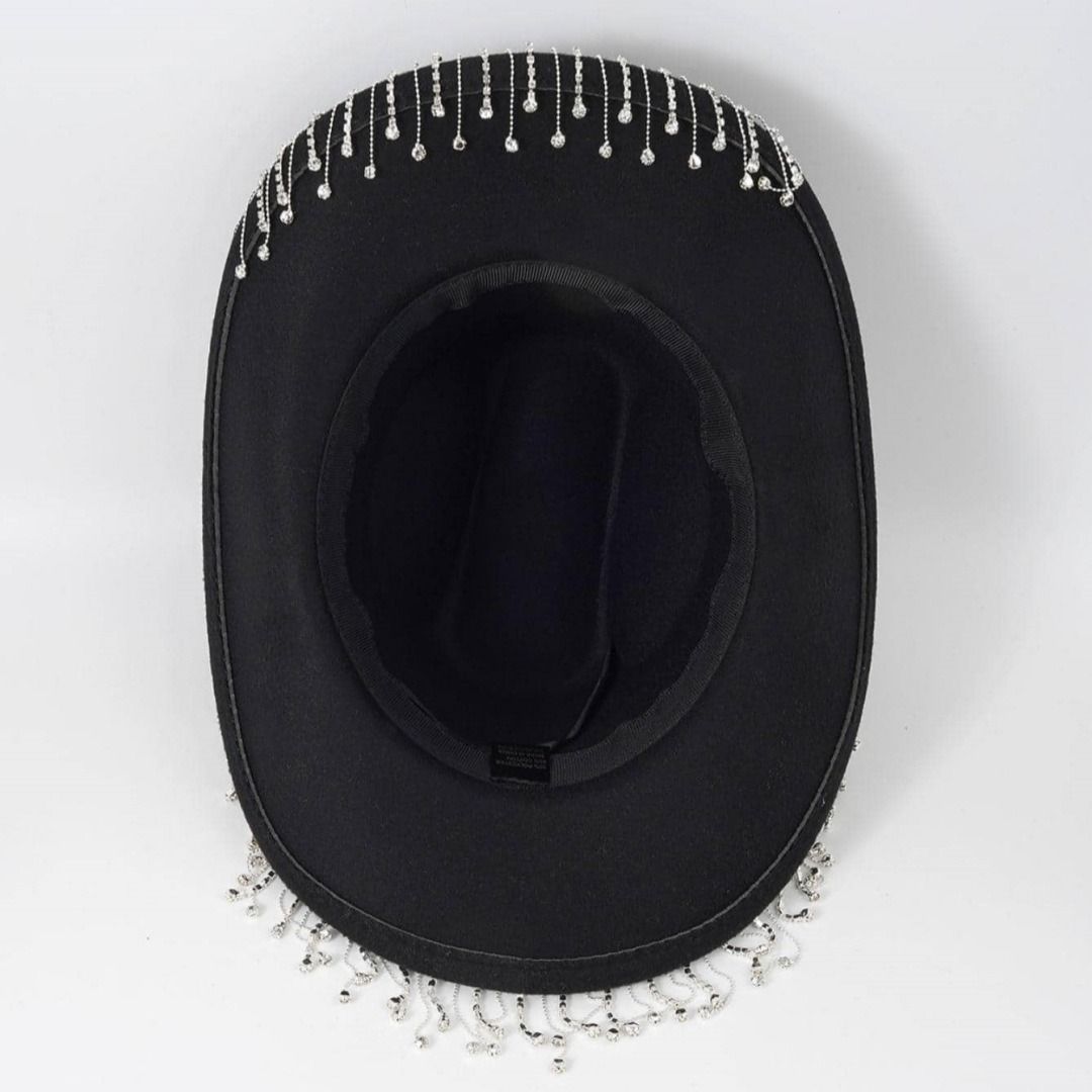 Western Cowboy Hat with Rhinestone Tassel Fringe - Black Felt-Style Party Hat view 4