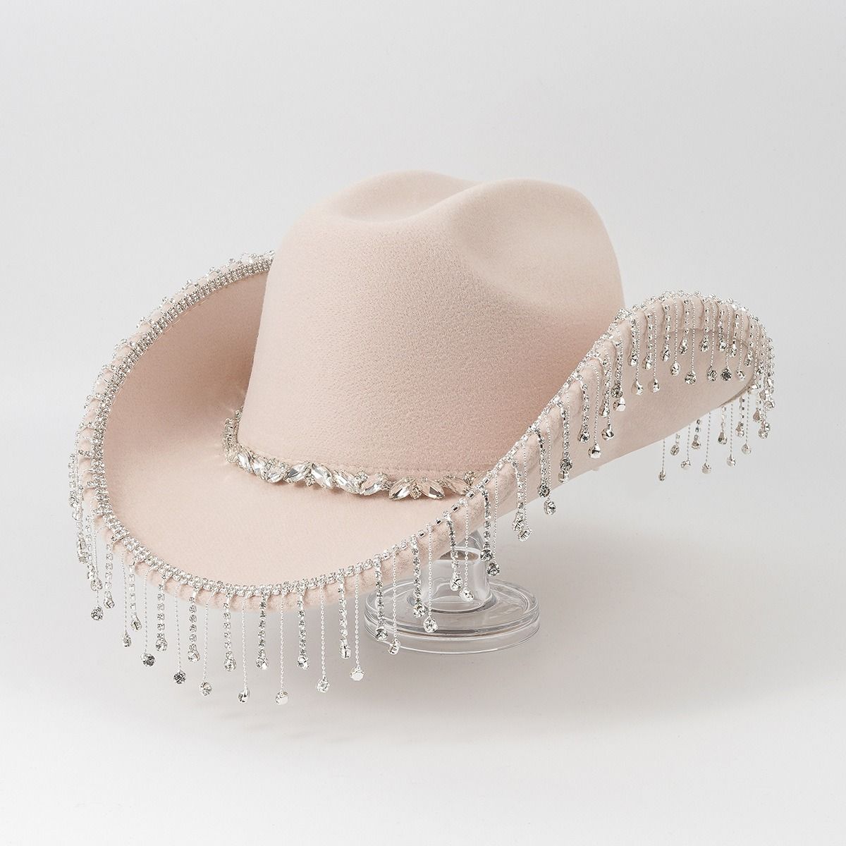 Western Cowboy Hat with Rhinestone Tassel Fringe - Beige Felt-Style Party Hat