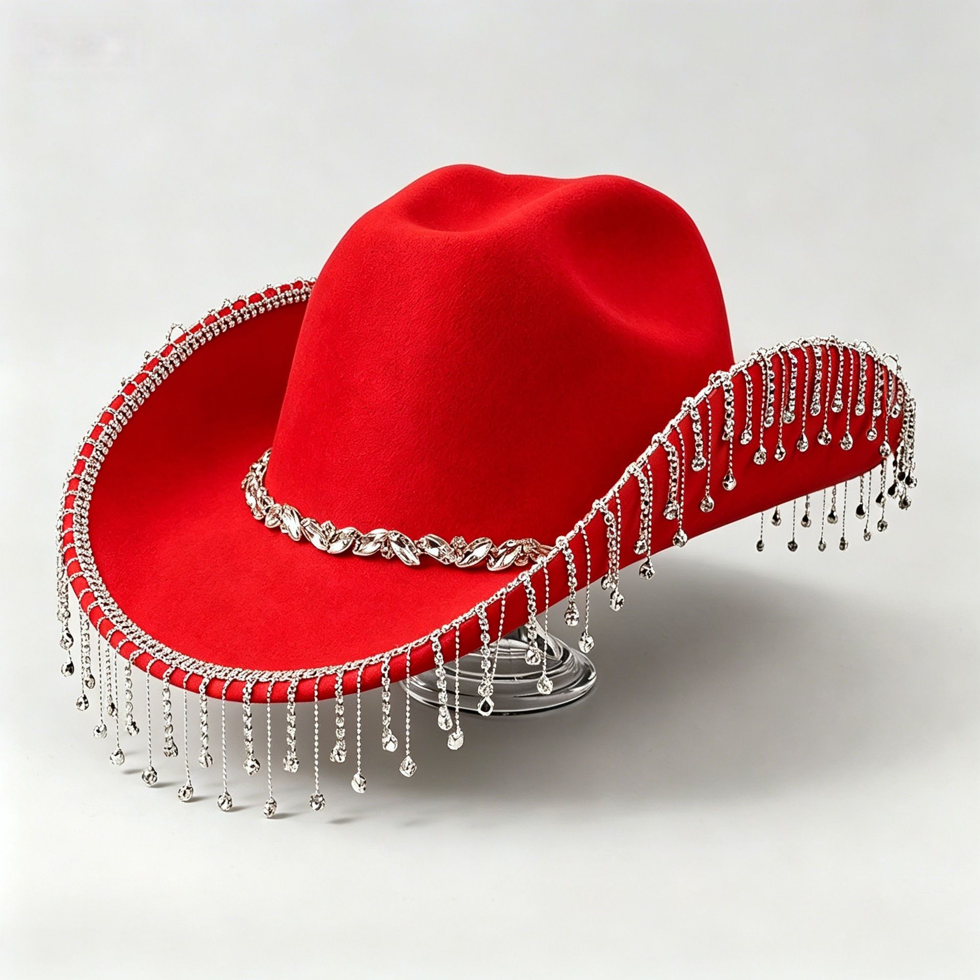 Western Cowboy Hat with Rhinestone Tassel Fringe - Red Felt-Style Party Hat